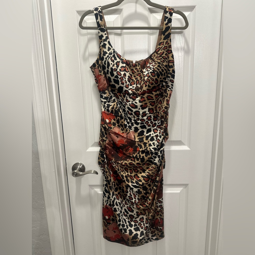 Sangria Leopard Satin Midi Dress with Red Floral Accents